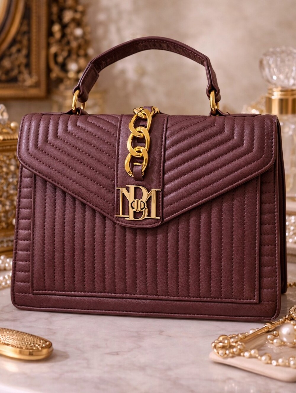 Badgely Mischka Elegant Burgundy Quilted Top-Handle Bag - NWT - Picture 10 of 10